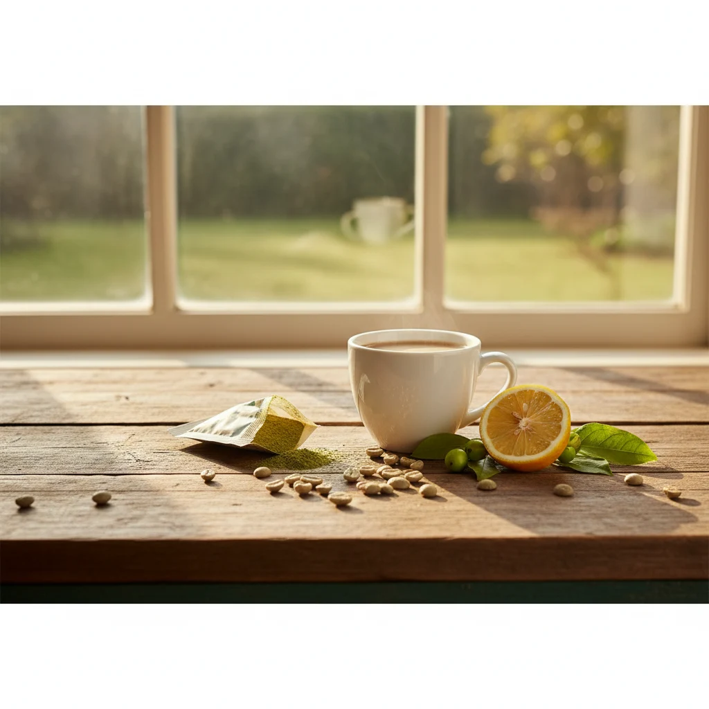 Morning coffee table with botanical ingredients and warm sunlight